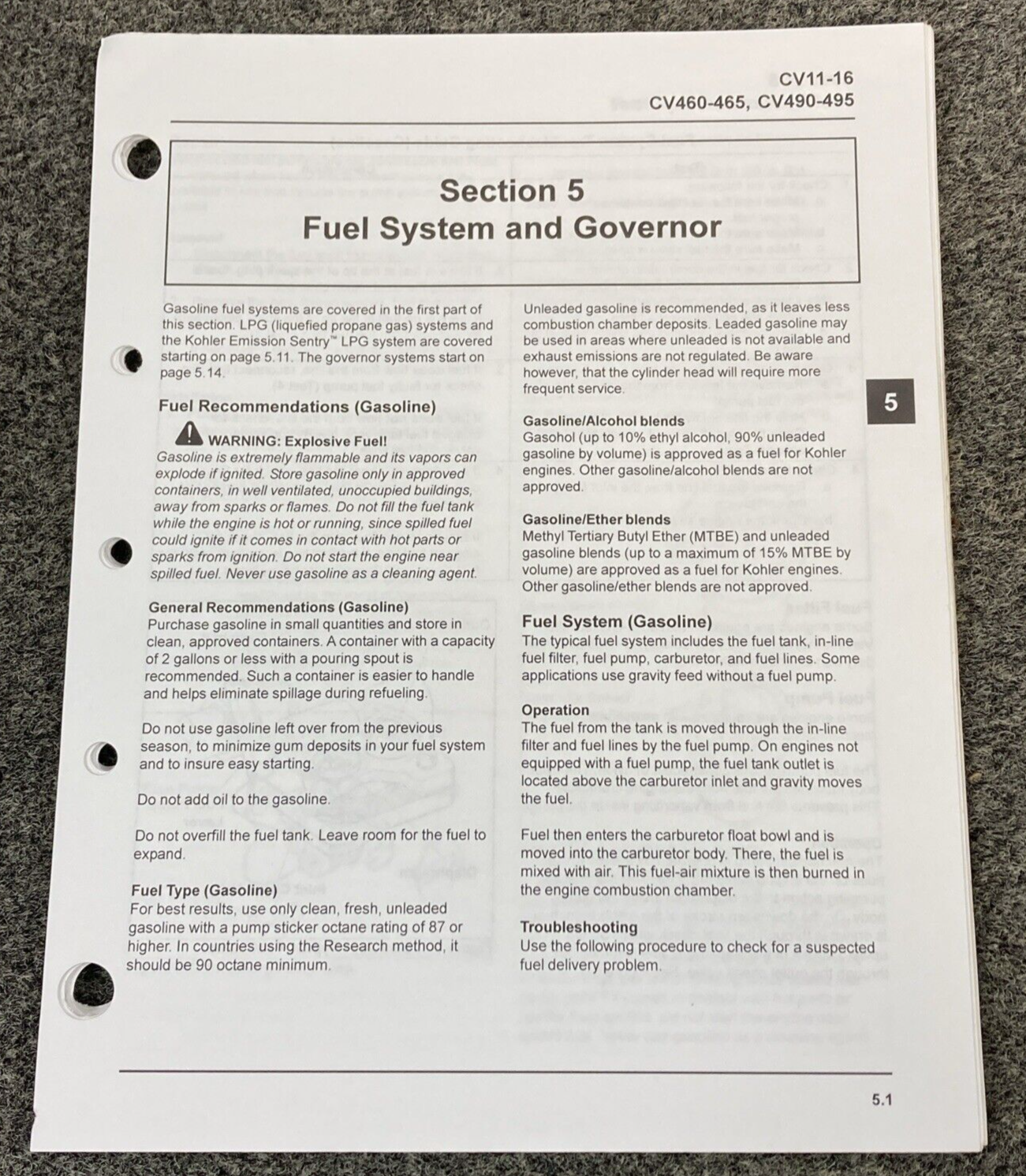 GENUINE KOHLER ENGINES TP-2339-D COMMAND LOOSE-LEAF SERVICE MANUAL