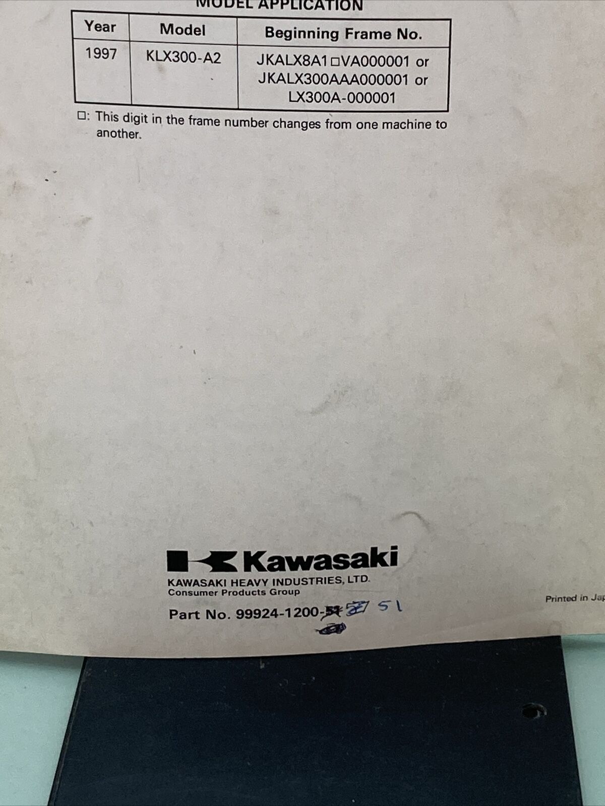 GENUINE KAWASAKI 99924-1200-51 SERVICE MANUAL SUPPLEMENT KLX300R