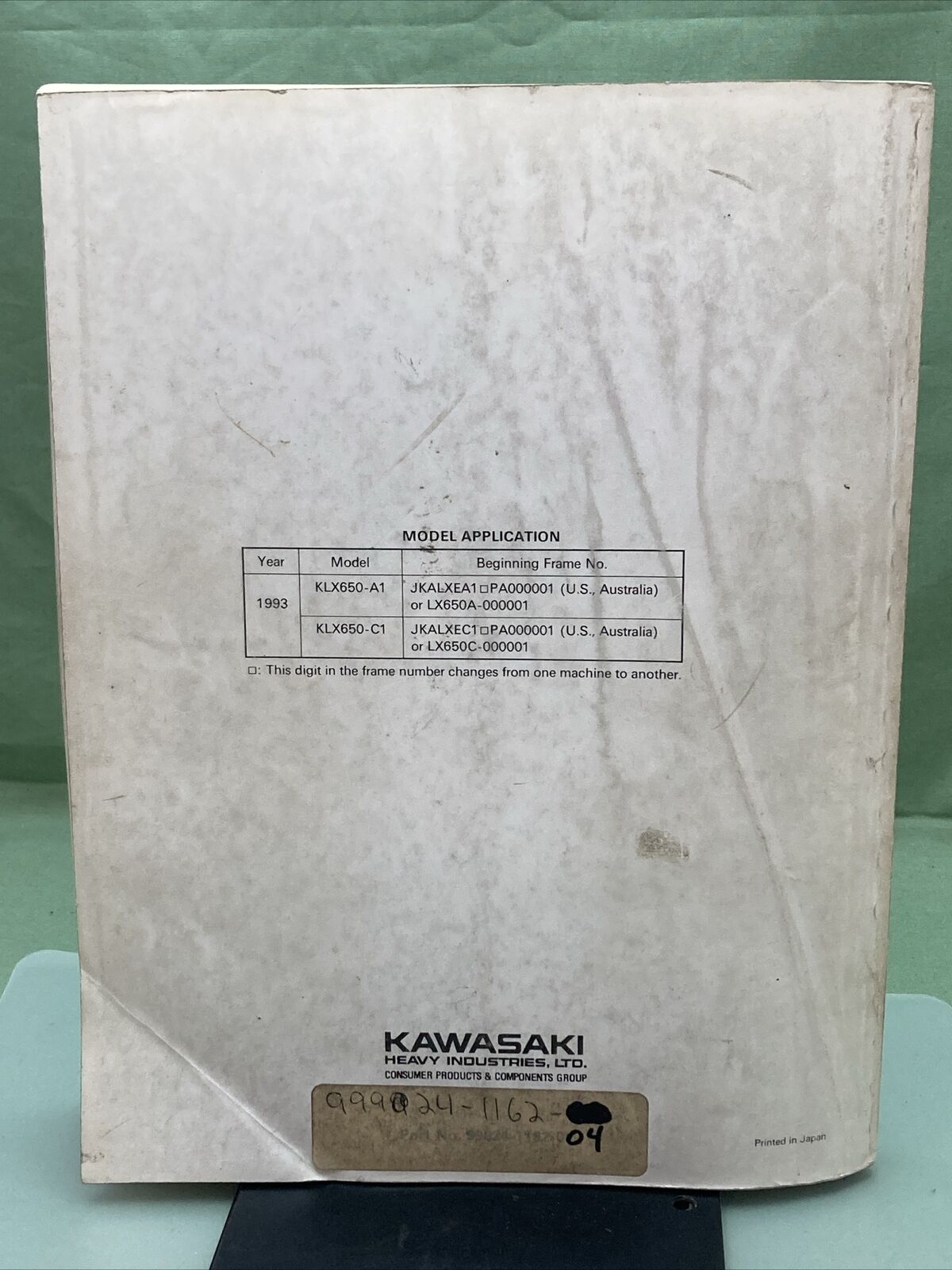 GENUINE KAWASAKI 99924-1162-04 KLX650R/KLX650 MOTORCYCLE SERVICE MANUAL