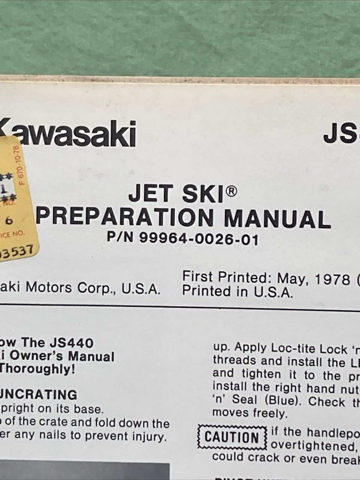 GENUINE KAWASAKI 99964-0026-01 JS440-A2 JET SKI PREPARATION MANUAL 1978