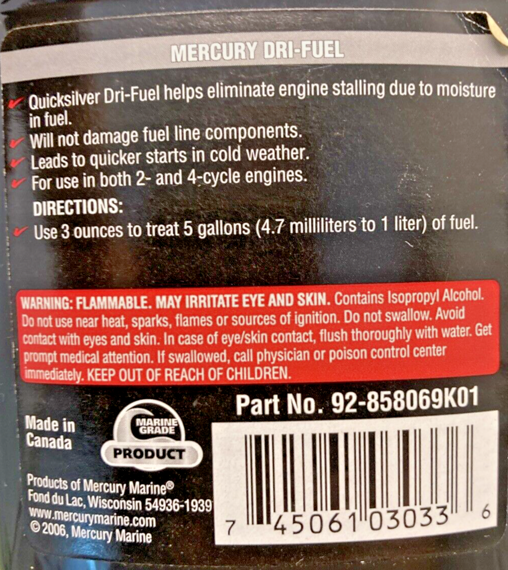 NEW GENUINE MERCURY 92-858069K01 DRI-FUEL, TREATS 20 GALLONS (76 LITERS)