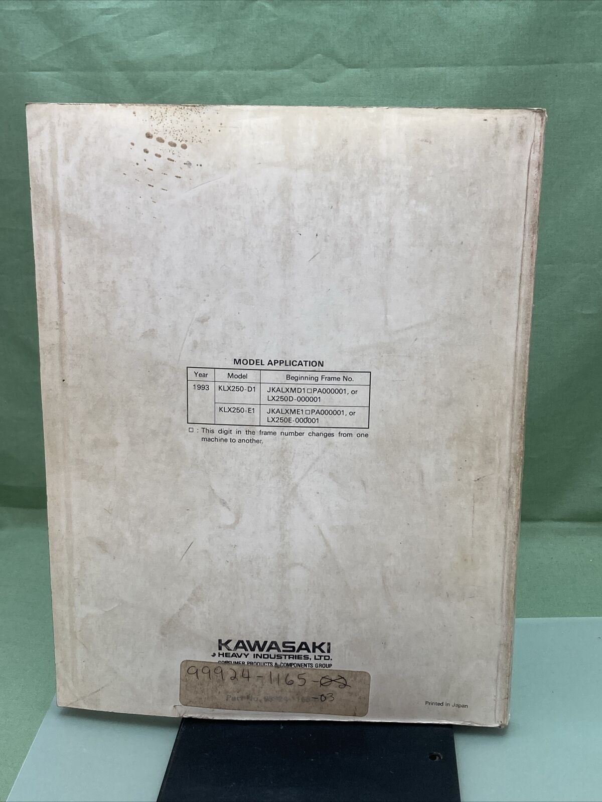 GENUINE KAWASAKI 99924-1165-02 KLX250R/KLX250 SERVICE MANUAL