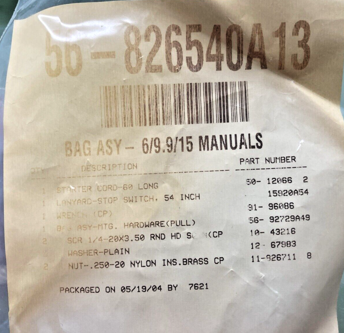 NEW GENUINE MERCURY OUTBOARD 56-826540A13 EMERGENCY PARTS BAG MARINE BOAT