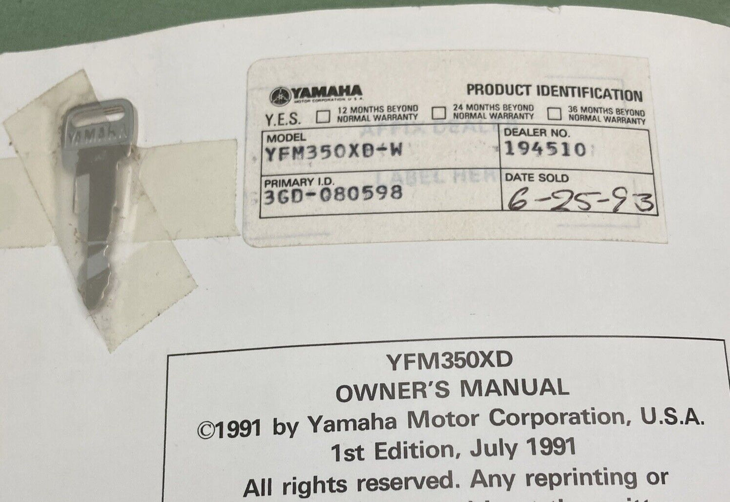 YAMAHA LIT-11626-08-04 YFM350XD Owner's Manual 1991