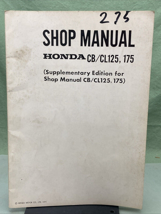 GENUINE HONDA 623041 CB/CL125/175 SHOP MANUAL SUPPLEMENT  1971