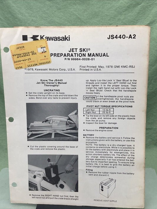 GENUINE KAWASAKI 99964-0026-01 JS440-A2 JET SKI PREPARATION MANUAL 1978