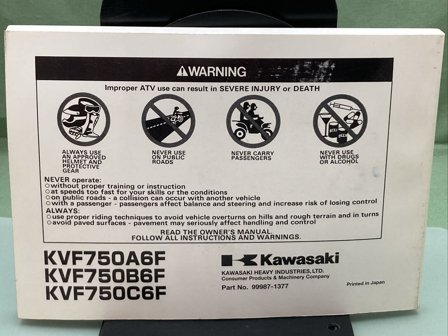 GENUINE KAWASAKI 99987-1377 BRUTE FORCE 750 4X4i ALL TERRAIN VEH OWNER'S MANUAL