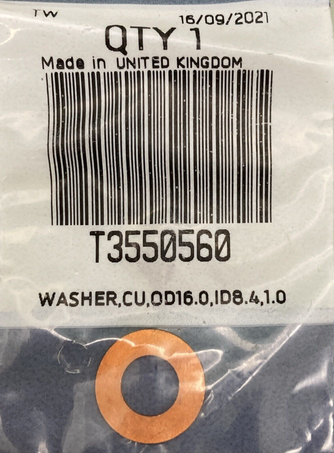 NEW GENUINE TRIUMPH T3550560 Washer, Cu, OD16.0, ID8.4, 1.0