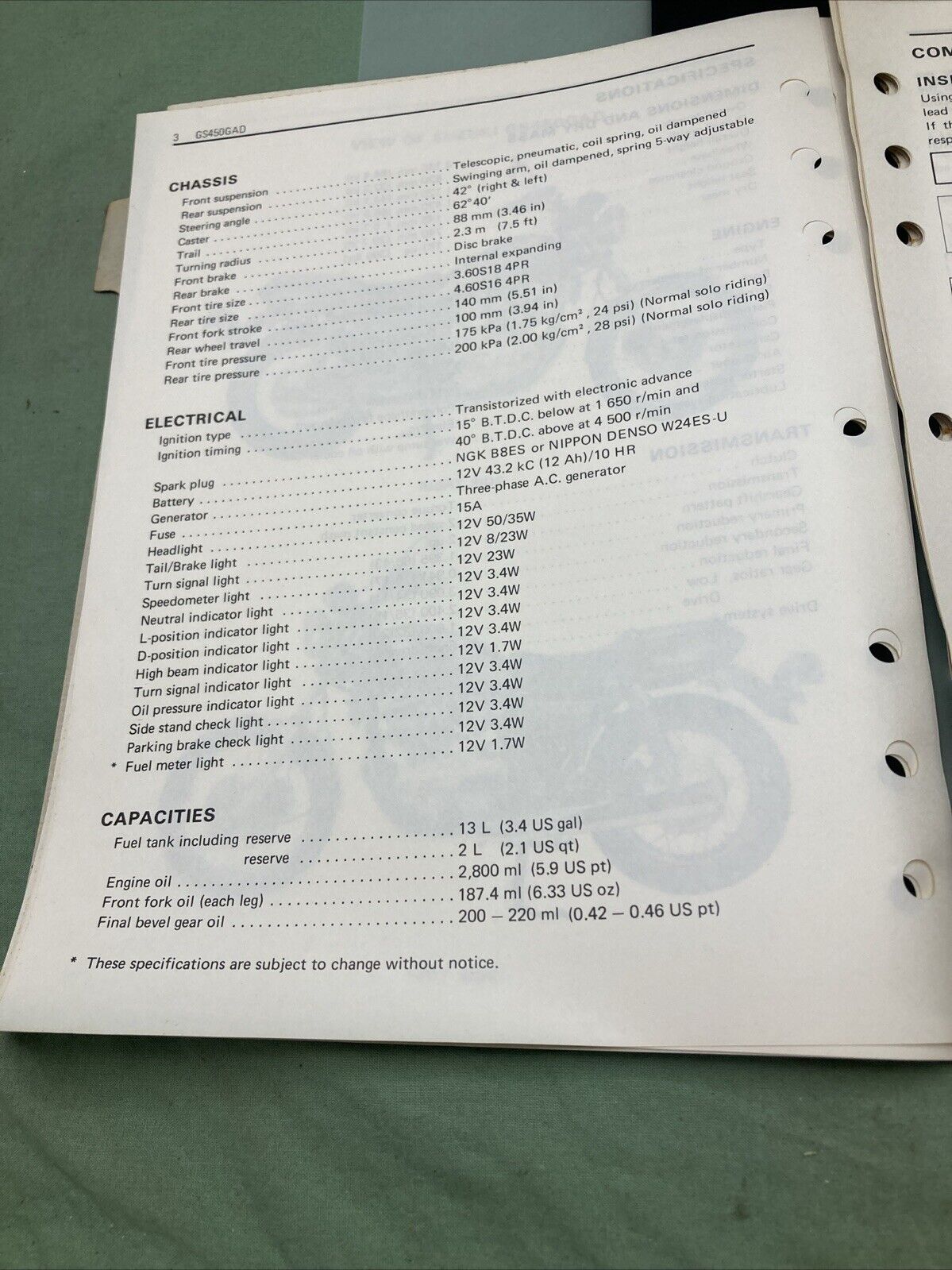 GENUINE SUZUKI 99501-34040-03E GS450GA SUPPLEMENTARY SERVICE MANUAL 1982