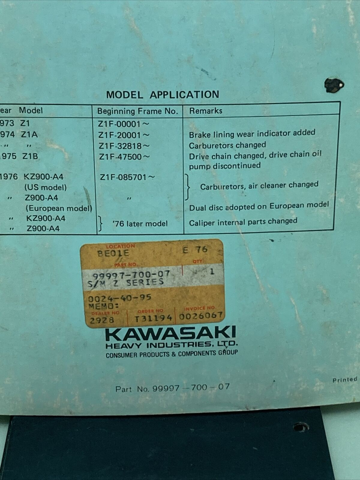 GENUINE KAWASAKI 99997-700-07 KZ900 MOTORCYCLE SERVICE MANUAL