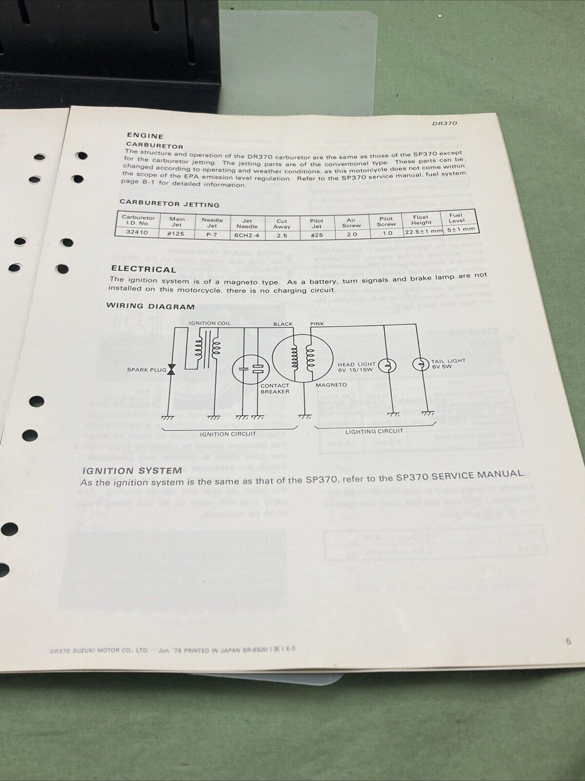 GENUINE SUZUKI SR-6500 E-3 DR370 SUPPLEMENT 1978