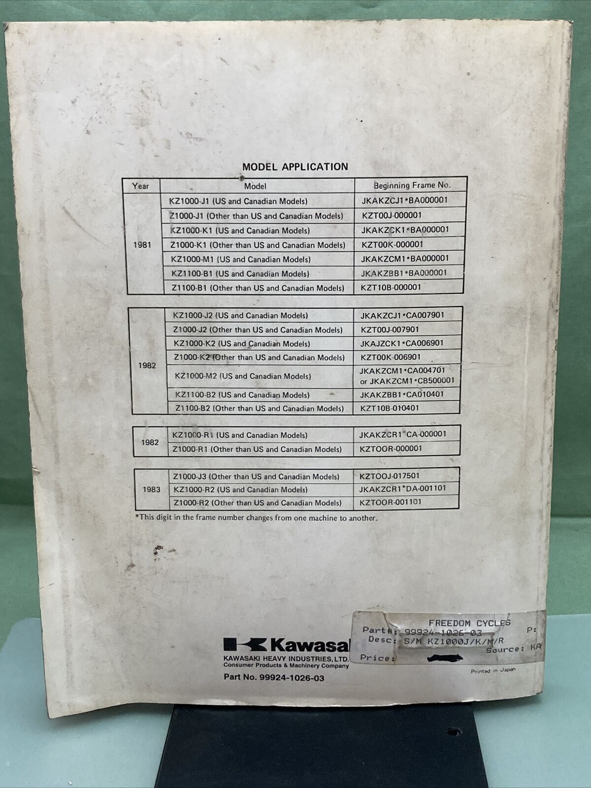 GENUINE KAWASAKI 99924-1026-03 SERVICE MANUAL KZ1000 KZ1100