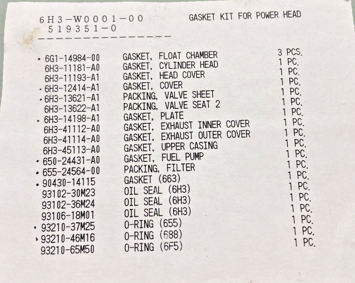 NEW YAMAHA 6H3-W0001-00 POWER HEAD GASKET KIT, INCOMPLETE KIT