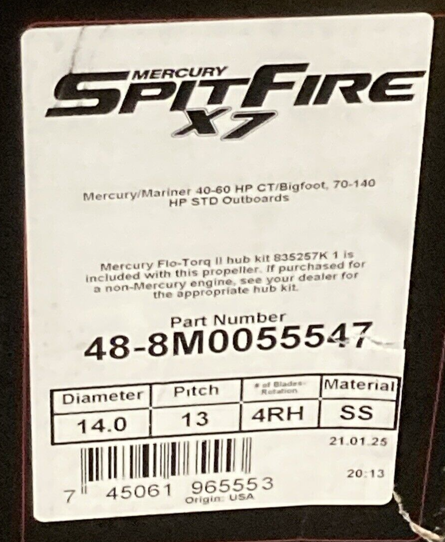 NEW MERCURY 48-8M0055547 PROPELLER SPITFIRE X7 4 BLADE 14"X 13" PITCH W/ HUB KIT