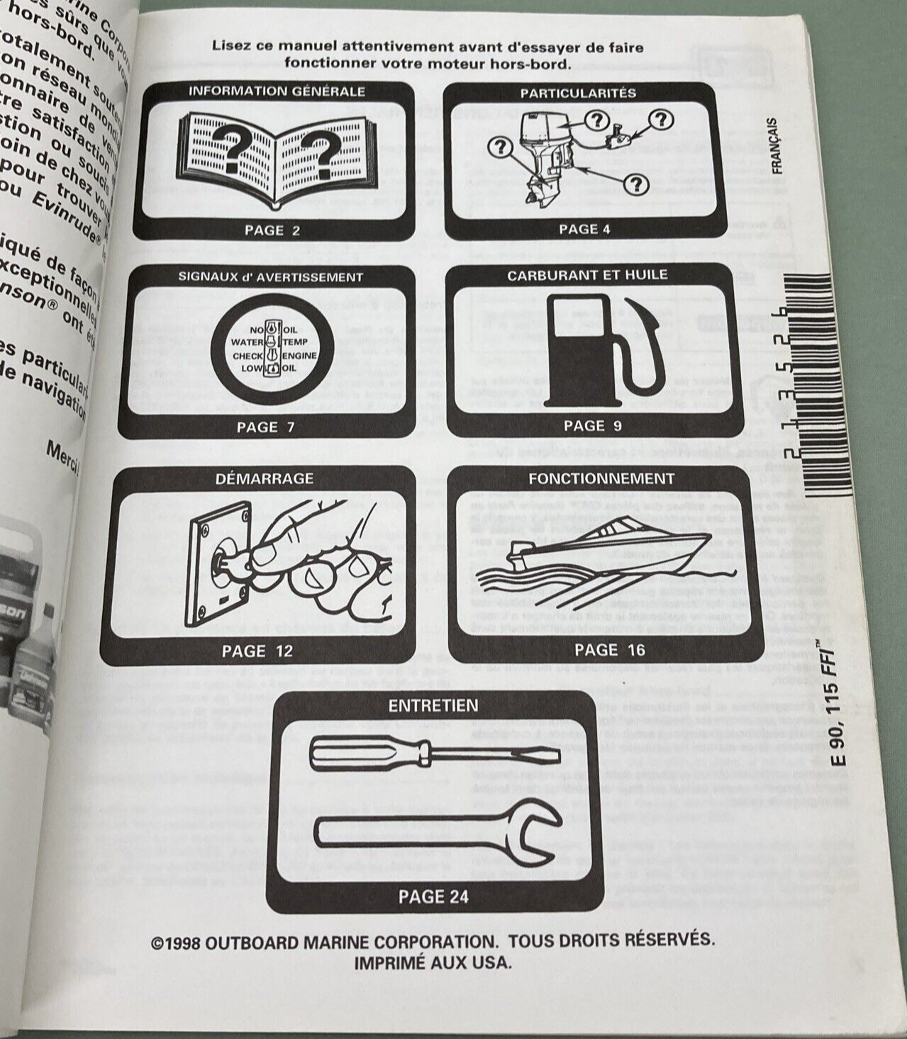 EVINRUDE 213526 OPERATION & MAINTENANCE MANUAL E 90 115 FFI ENGLISH FRENCH 1998