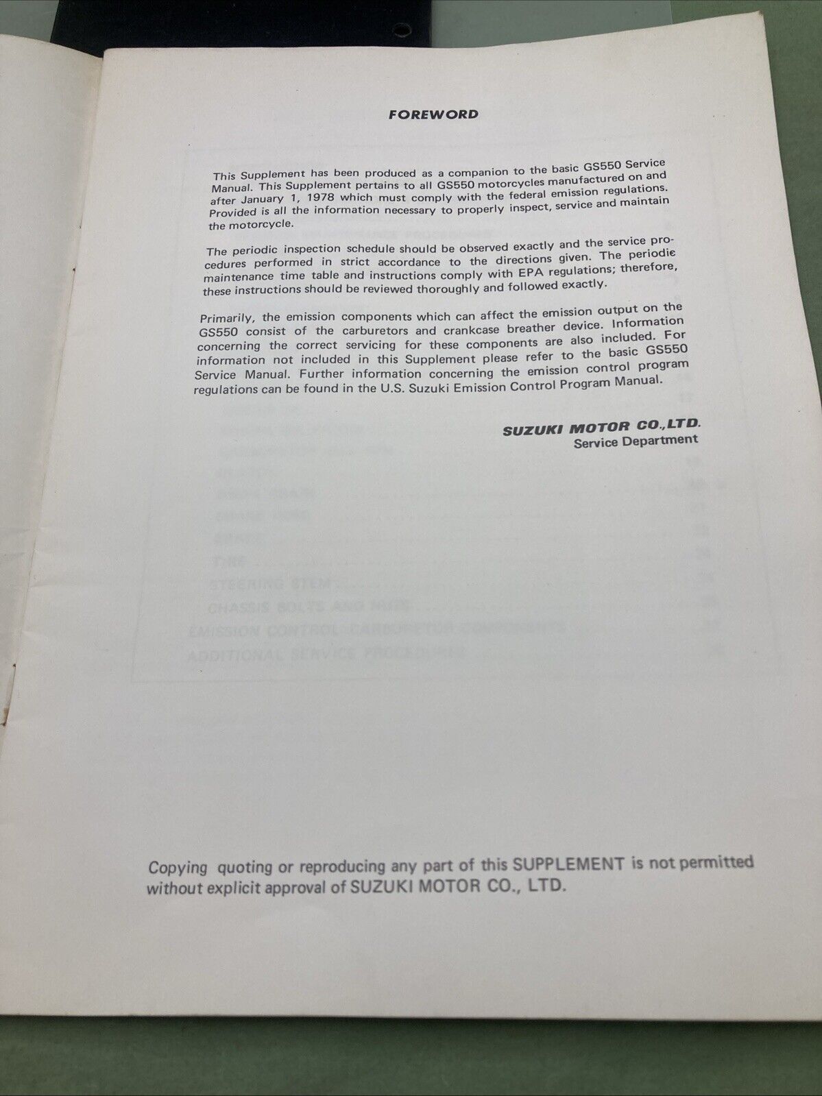 GENUINE SUZUKI GS550 EMISSION CONTROL SUPPLEMENT TO BASIC SERVICE MANUAL 1978