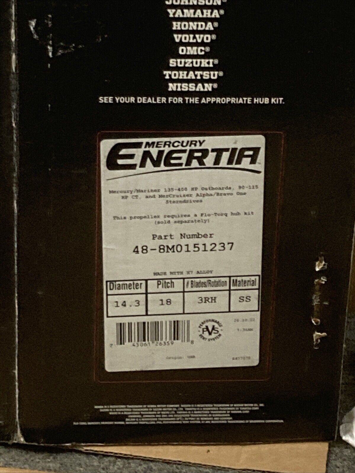 NEW GENUINE MERCURY 48-8M0151237 PROPELLER ENERTIA 3-BLADE RH 14.3"D 18PITCH SS