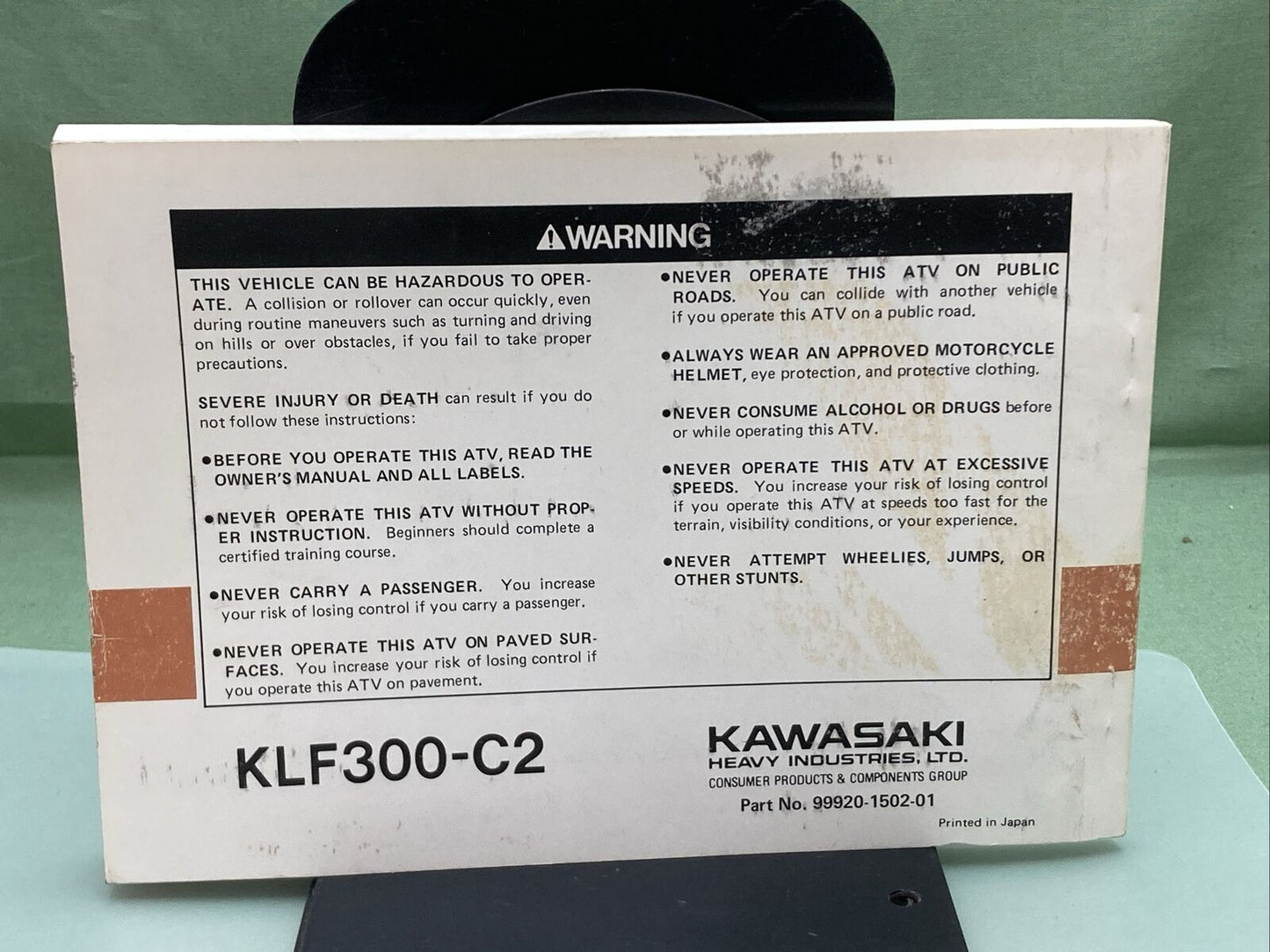 GENUINE KAWASAKI 99920-1502-01 KLF 300 BAYOU 4X4 ALL TERRAIN VEH OWNER'S MANUAL