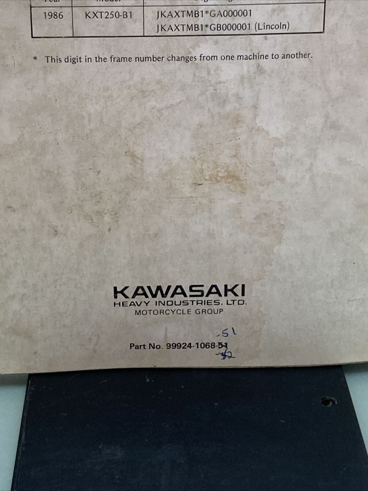 GENUINE KAWASAKI 99924-1068-51 KXT 250 TECATE SERVICE MANUAL