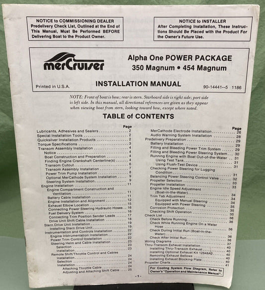 GENUINE MERCURY 90-14441 ALPHA ONE POWER PACKAGE INSTALLATION MANUAL 350 454 MAG