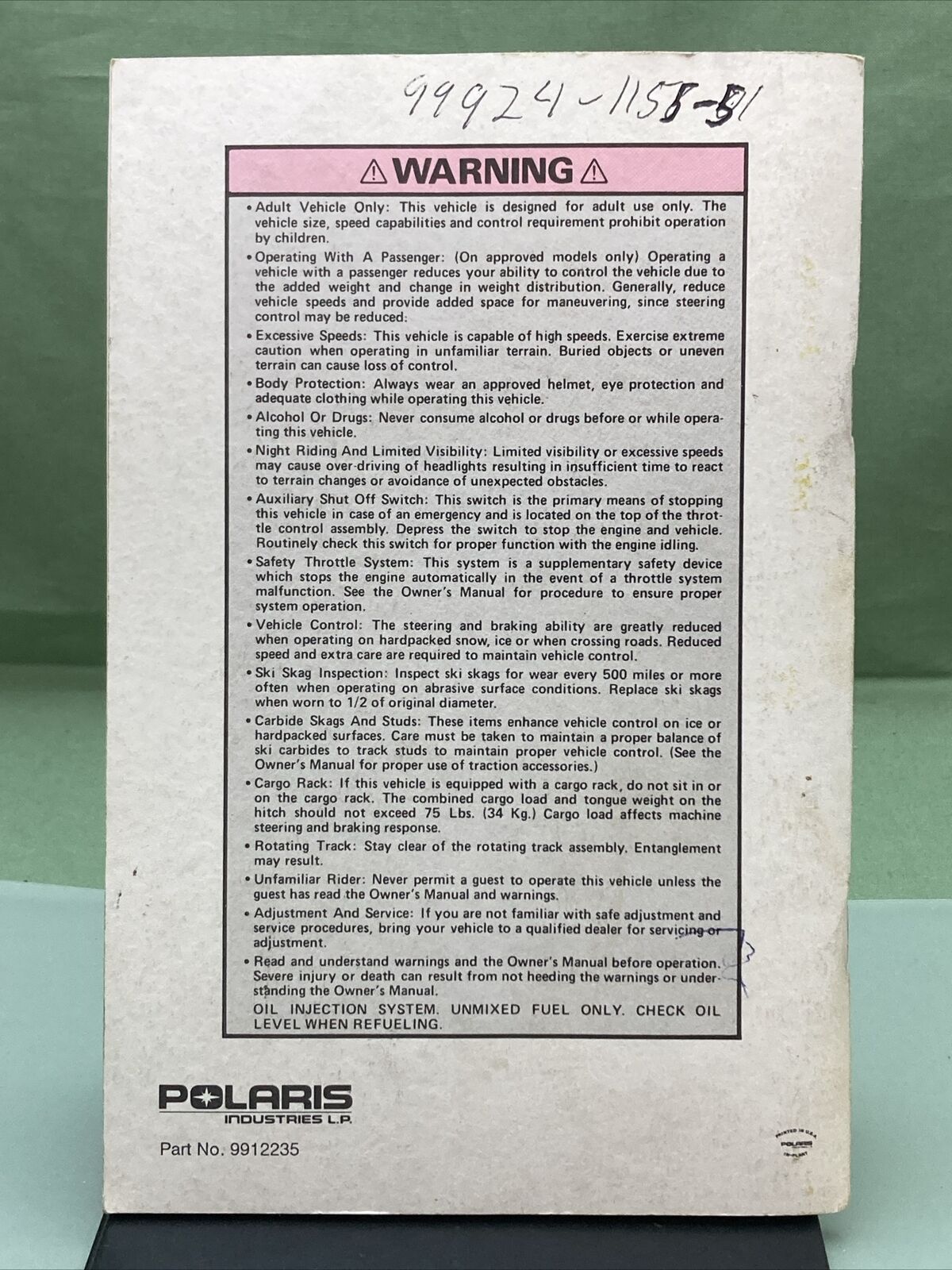 GENUINE POLARIS 9912235 INDY/ STARLITE/ GT OWNER'S SAFETY AND MAINTENANCE MANUAL