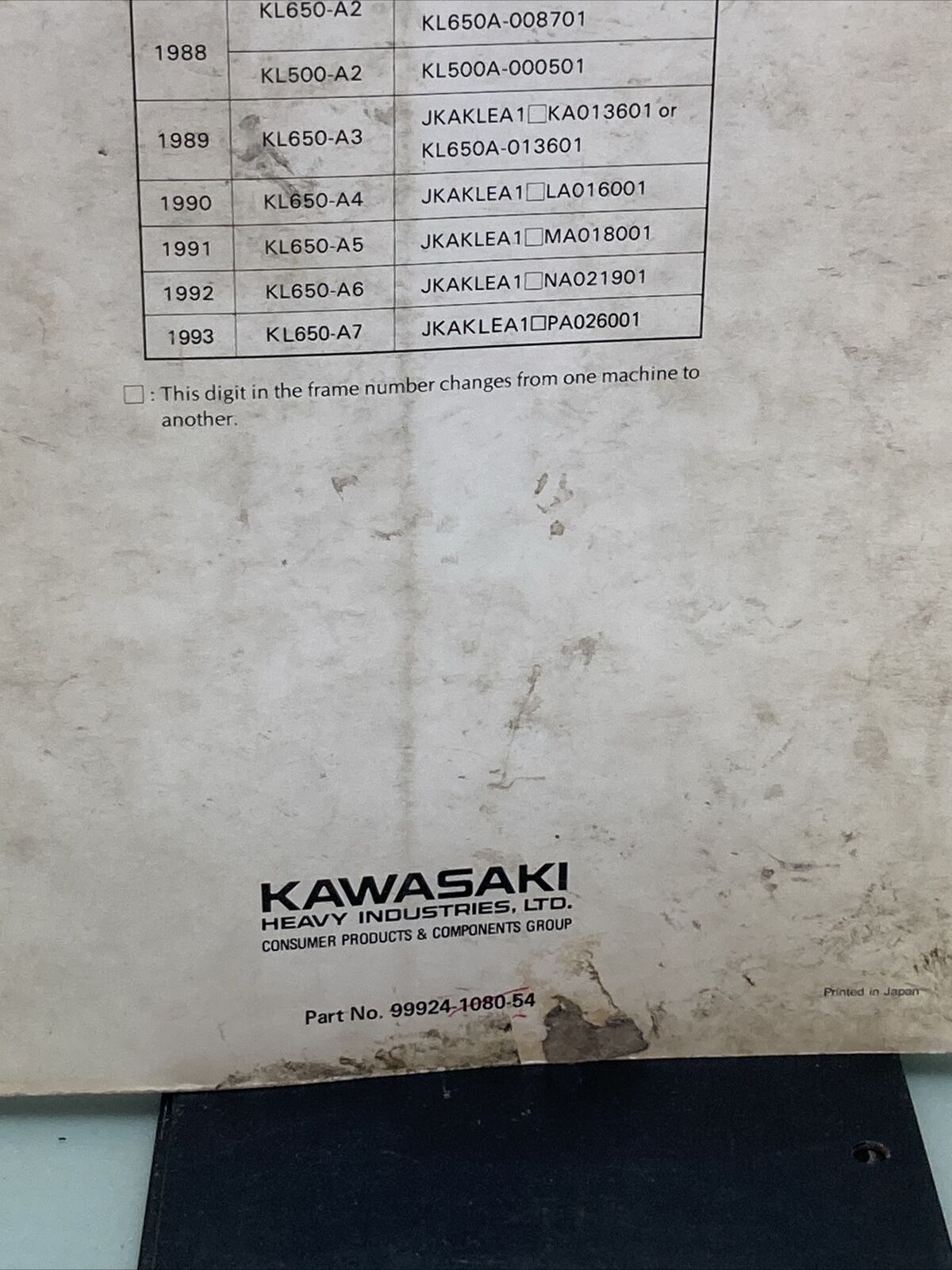 GENUINE KAWASAKI 99924-1080-54 SERVICE MANUAL SUPPLEMENT KLR650/KLR500