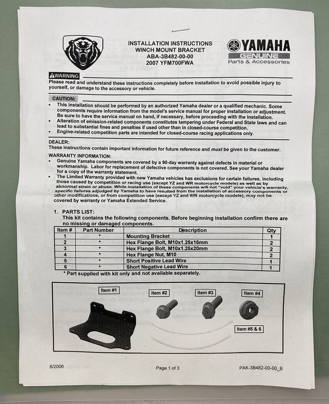 NEW GENIUNE YAMAHA ABA-3B482-00-00 WINCH MOUNT BRACKET