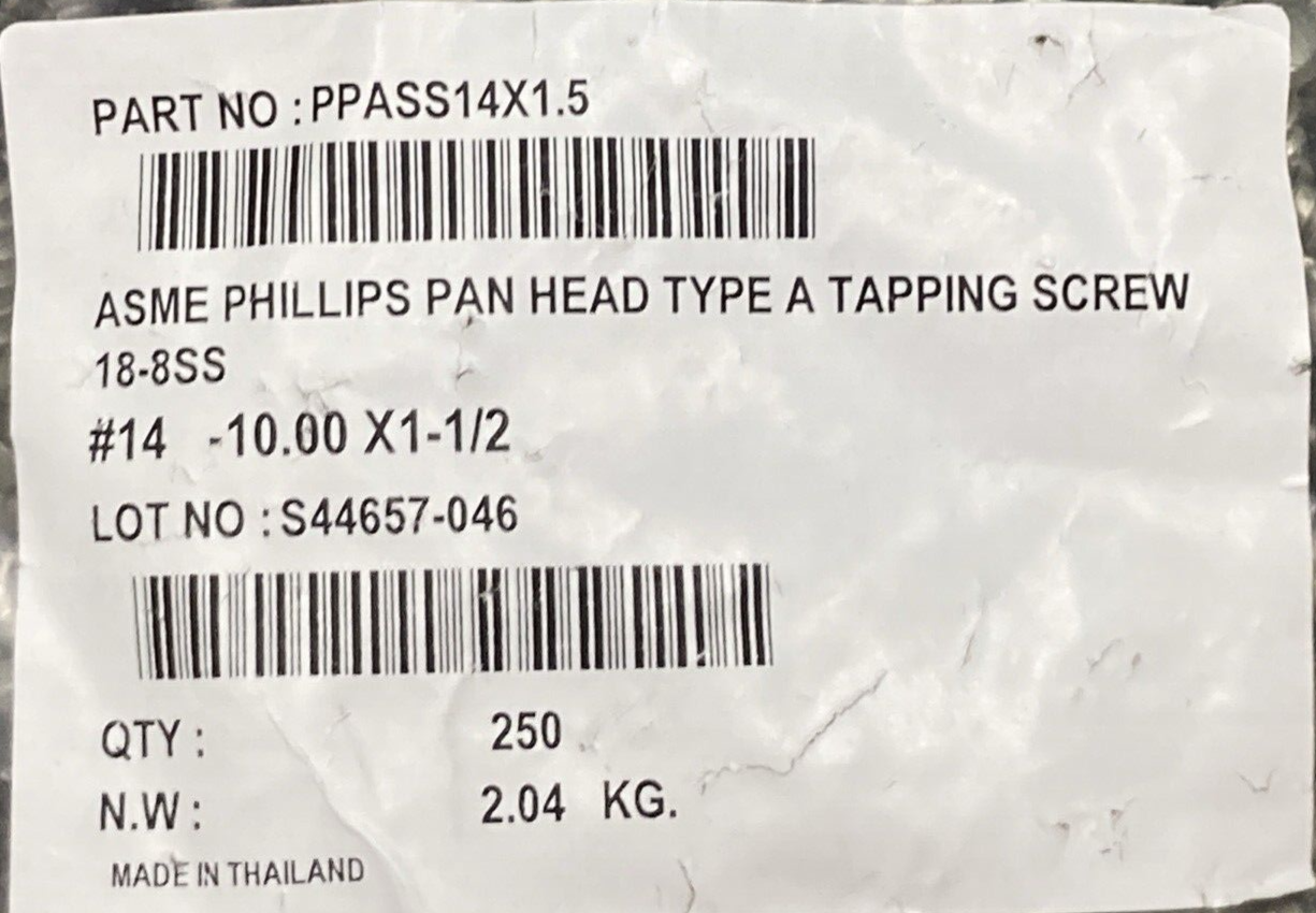 QTY 250 NEW PPASS14X1.5 ASME PHILLIPS PAN HEAD TYPE A TAPPING SCREW #14-10X1.5