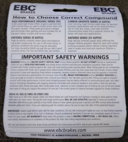 NEW EBC BRAKES FA199 HGIH PERFORMANCE FRONT BRAKE PADS