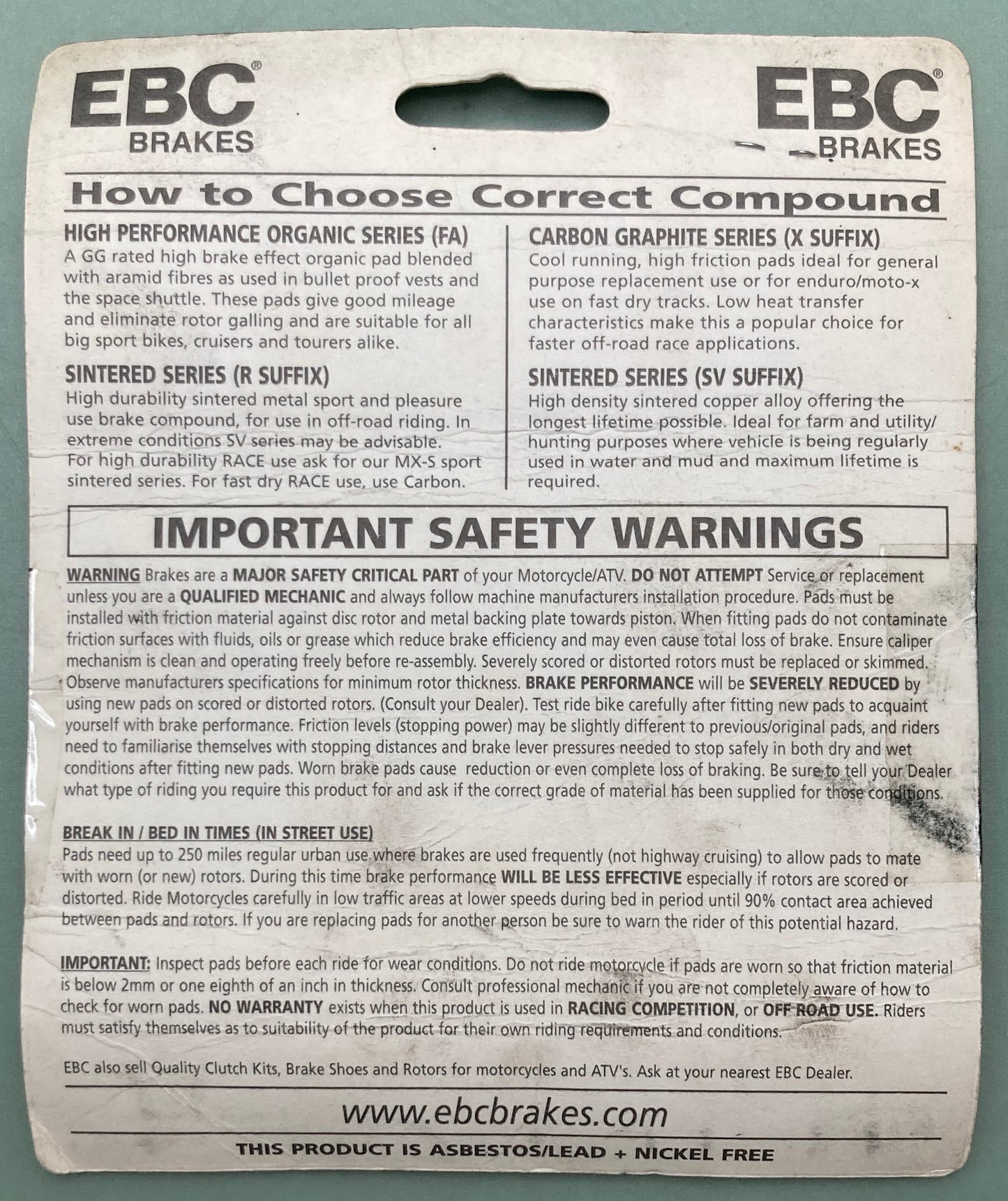 New Genuine EBC FA86 High Performance MC & ATV Organic, Sintered Brake Pads