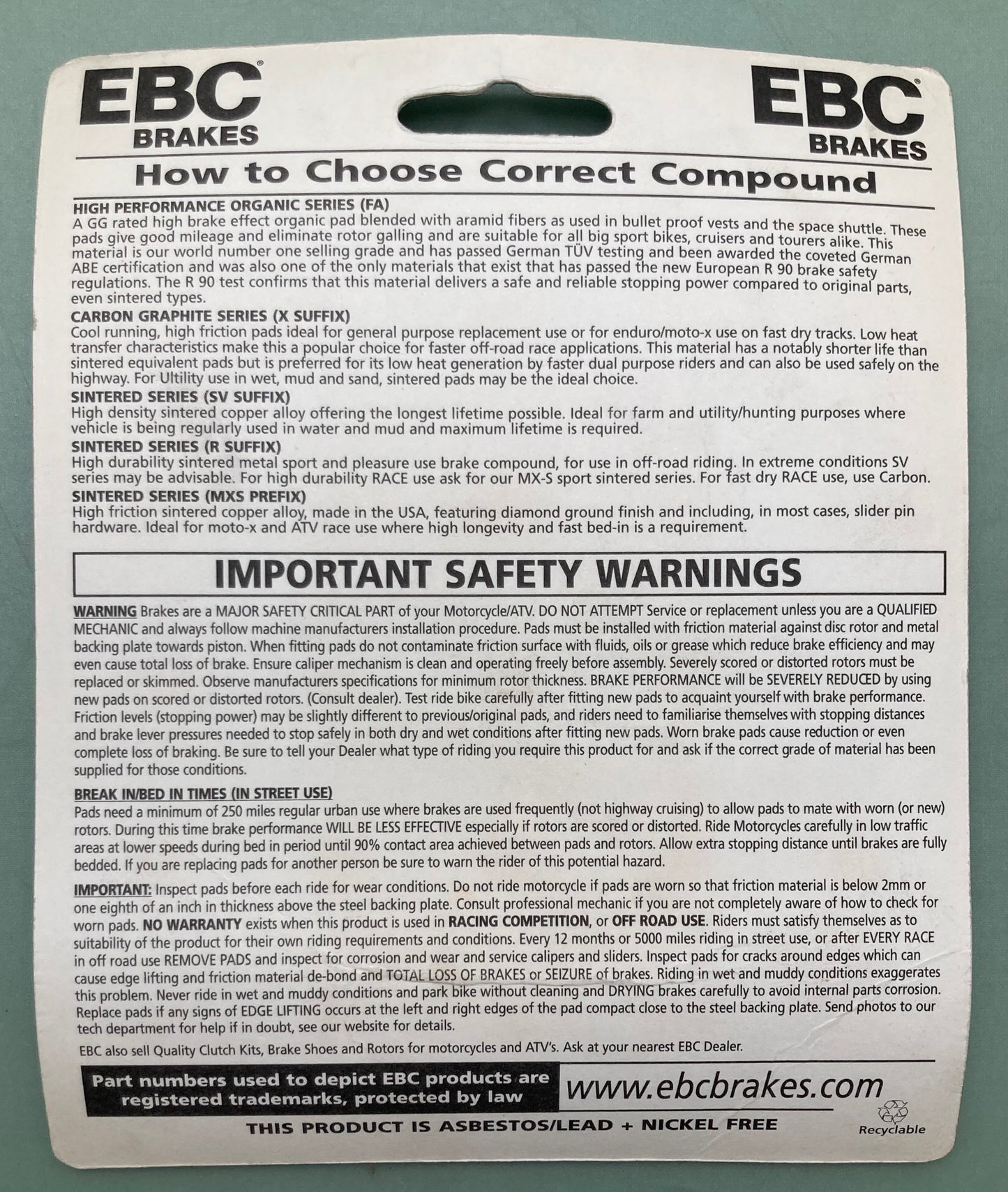 New Genuine EBC FA34 High Performance MC & ATV Organic Brake Set