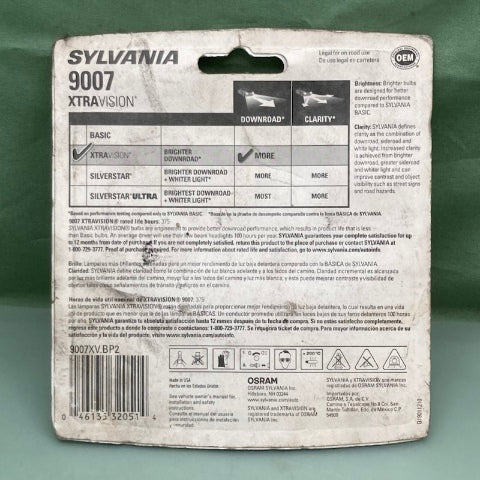 Pk of 2 Sylvania 9007 HALOGEN LAMBS XTRAVISION 12.8V,55/65W New Genuine