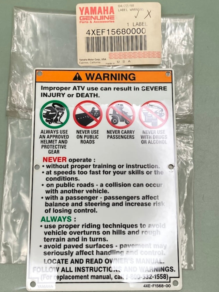 Yamaha BVG-F1568-00-00 Label, Warning  New Genuine