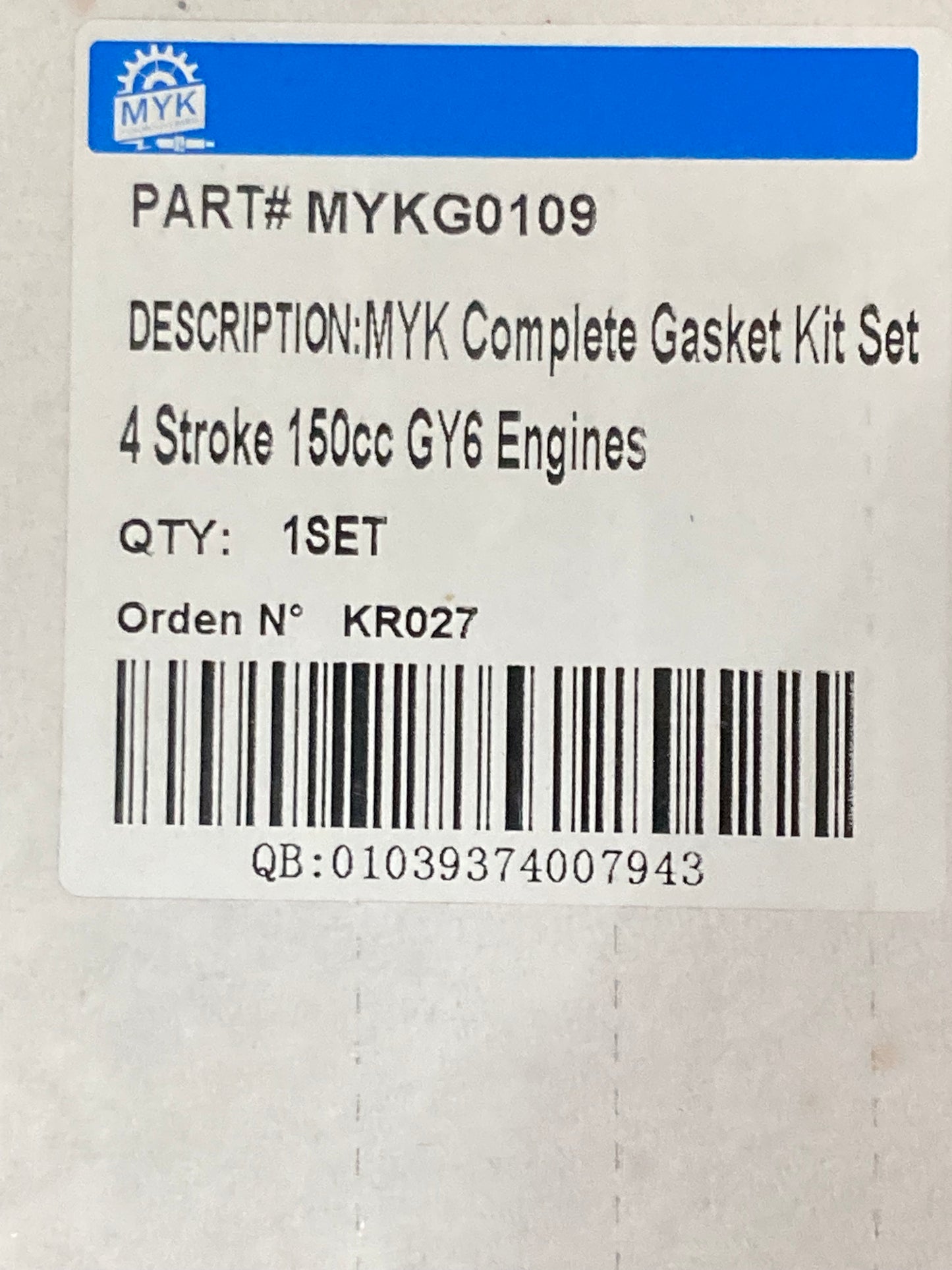 New Genuine MYK MYKG0109 Complete Gasket Kit Set 4 Stroke 150cc GY6 Engines
