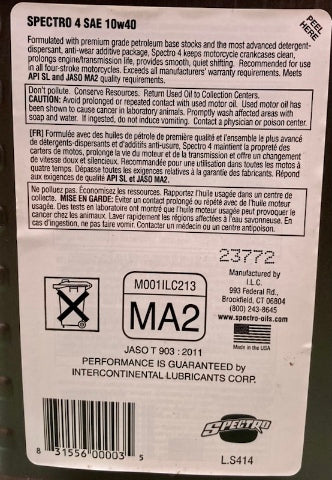 Spectro 4 23772 Motorcycle Engine Lubricant SAE 10W-40 1Quart New Genuine