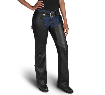 NEW GENUINE HARLEY DAVIDSON 98046-19VW SM WOMENS DELUXE II BLACK LEATHER CHAPS