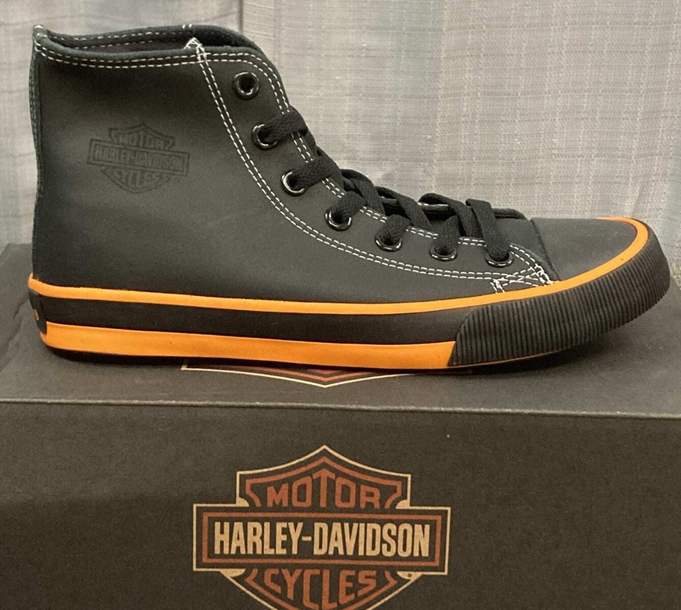 NEW HARLEY DAVIDSON D93816 SIZE 7 MEN'S NATHAN 4.25” BLACK ORANGE LEATHER HI-TOP