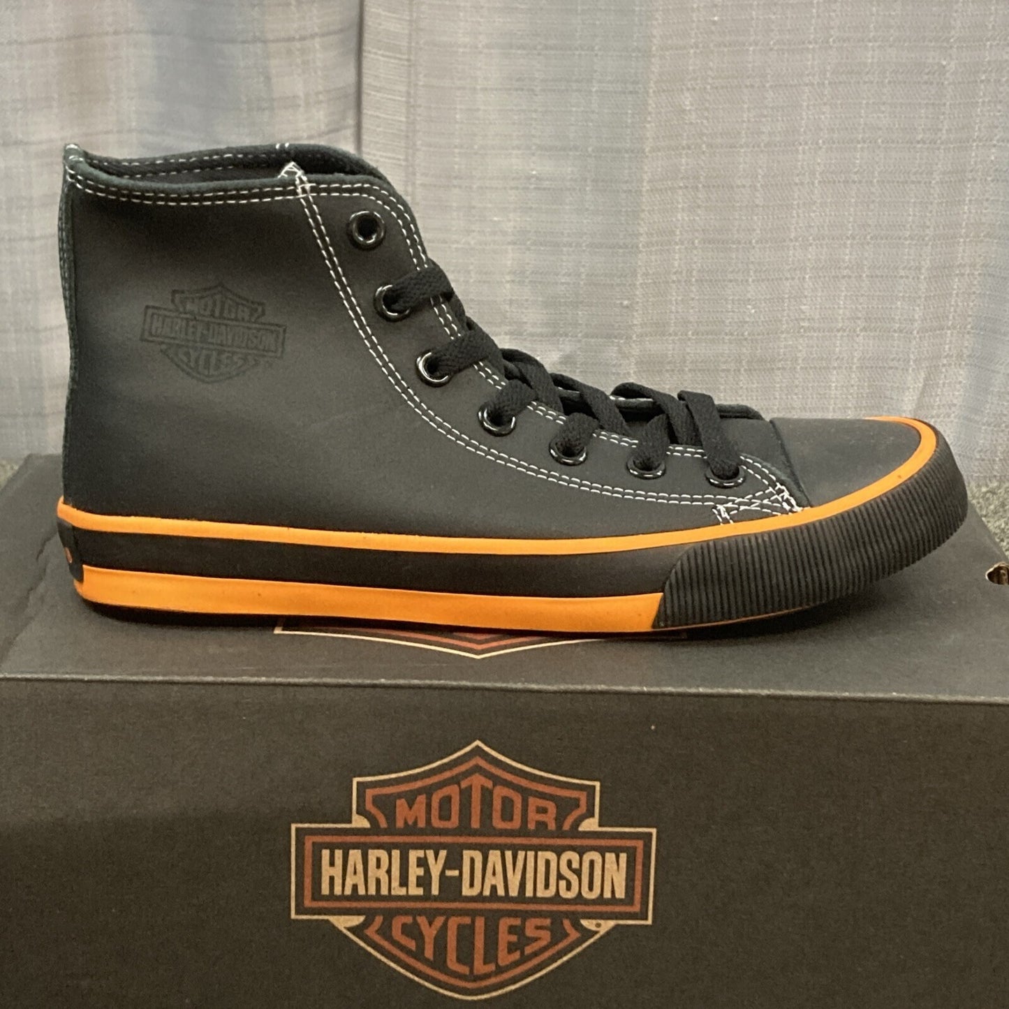 NEW HARLEY DAVIDSON D93816 SIZE 7.5 MENS NATHAN 4.25” BLACK ORANGE LEATHER HI-TO