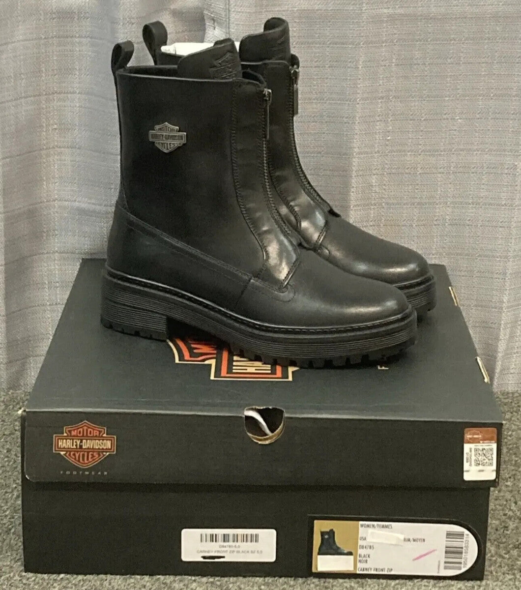 NEW HARLEY DAVIDSON D84785 SIZE 8.5 WOMEN'S CARNEY FRONT ZIP BLACK LEATHER BOOTS