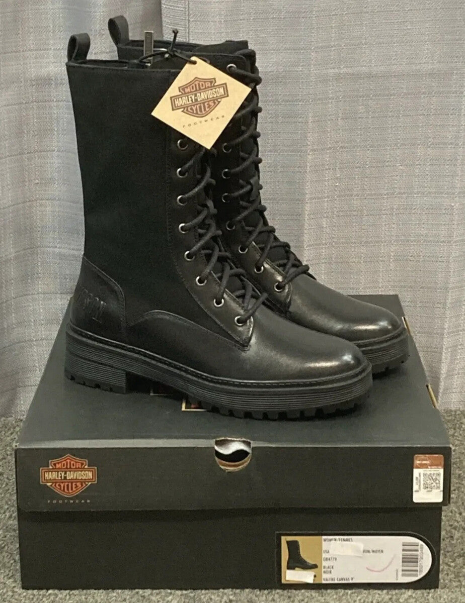 NEW HARLEY DAVIDSON D84779 SIZE 9.5 WOMEN'S VALENE 9" BLK LEATHER/CANVAS BOOTS