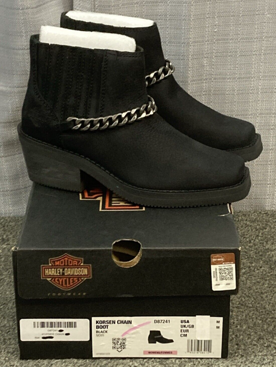 NEW HARLEY DAVIDSON D87241 SIZE 5 WOMEN'S KORSEN CHAIN BLK LEATHER ANKLE BOOTS