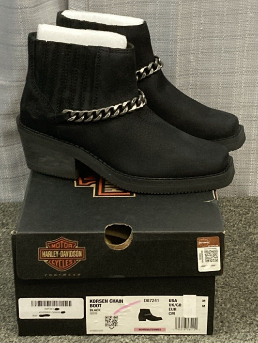 NEW HARLEY DAVIDSON D87241 SIZE 5 WOMEN'S KORSEN CHAIN BLK LEATHER ANKLE BOOTS