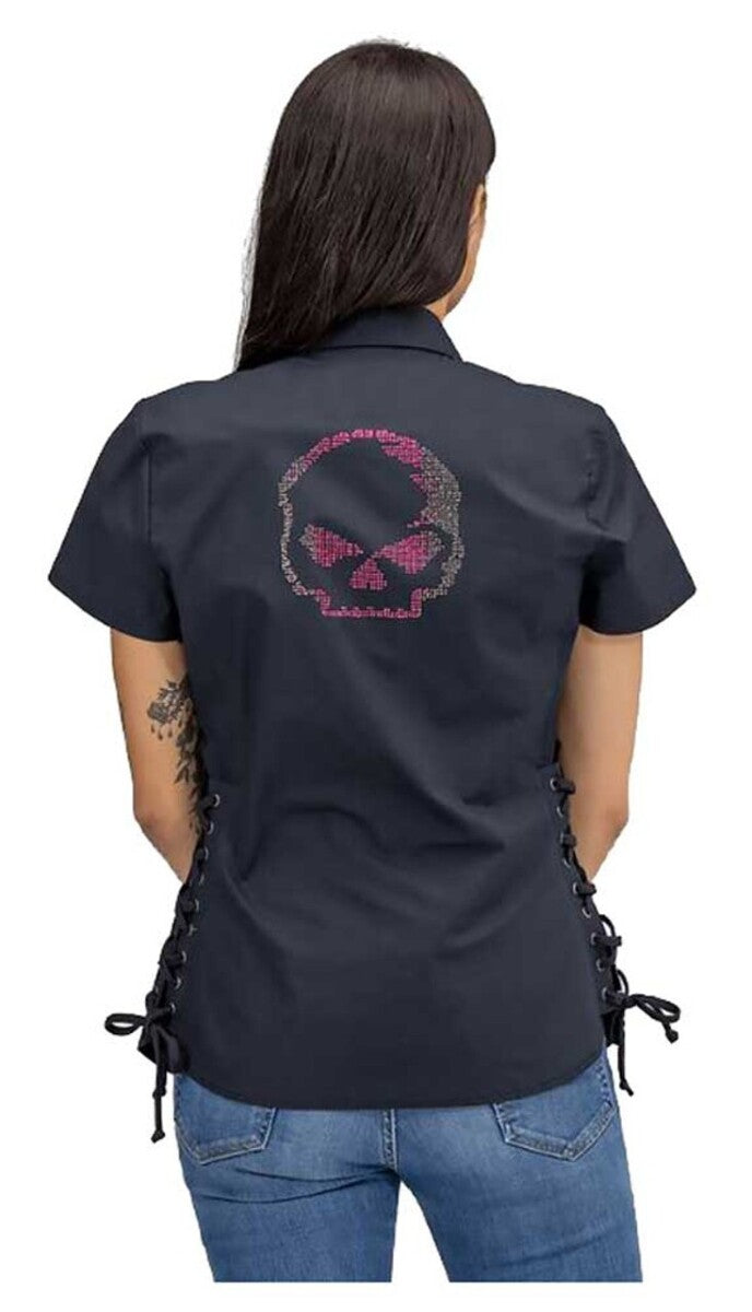 NEW HARLEY DAVIDSON 96255-22VW MED Women's Skull Laced Side Shirt w/ Rhinestone