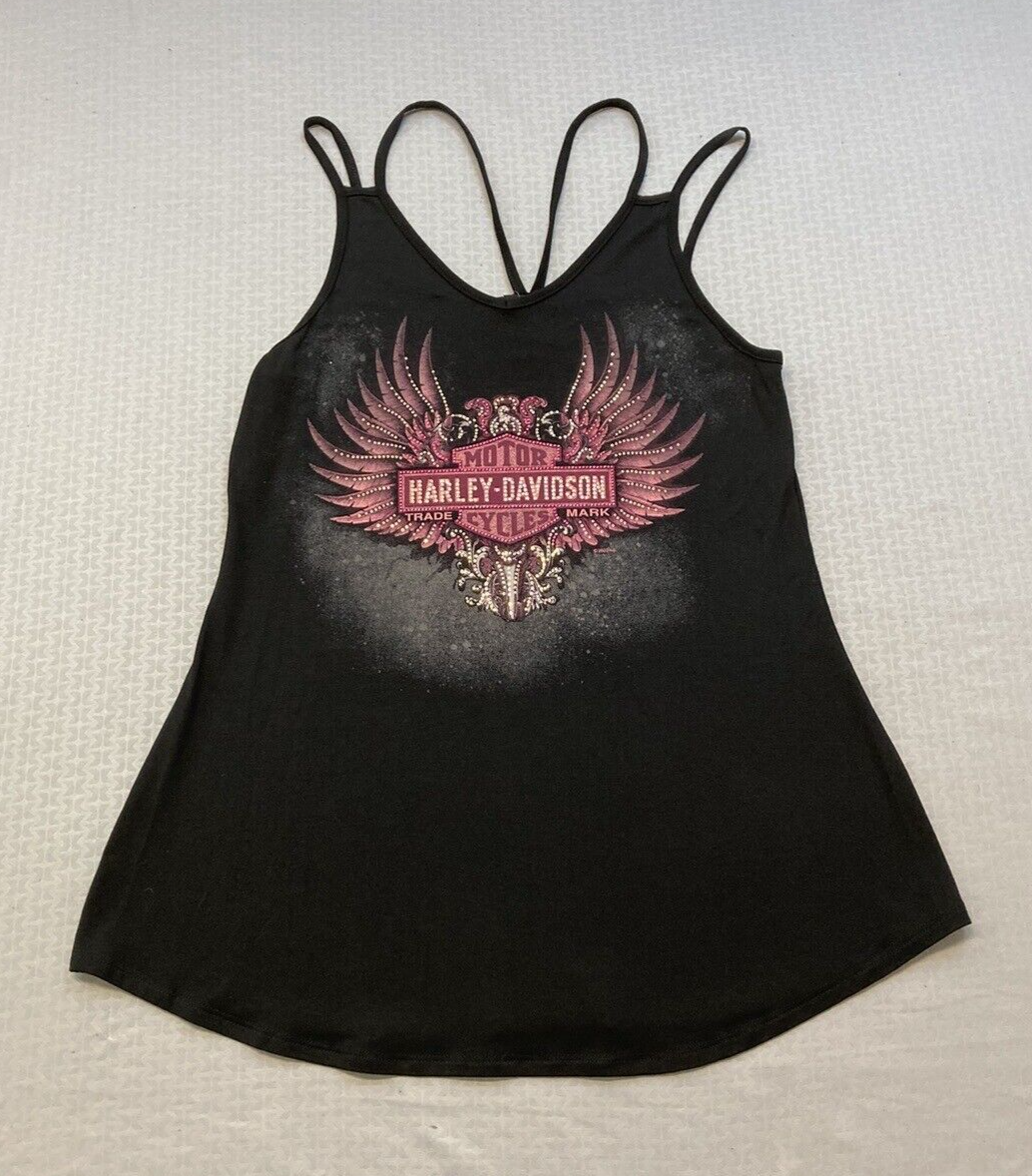 NEW HARLEY DAVIDSON HT4639BLK XS Women's Embellished Winged B&S V-Neck TANK TOP