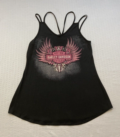 NEW HARLEY DAVIDSON HT4639BLK XS Women's Embellished Winged B&S V-Neck TANK TOP