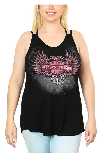 NEW HARLEY DAVIDSON HT4639BLK MED Women's Embellished Winged B&S V-Neck TANK TOP