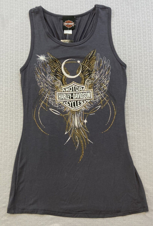 NEW HARLEY DAVIDSON HT4652GRY XS Women's Embellished Winged Round Neck Tank Top