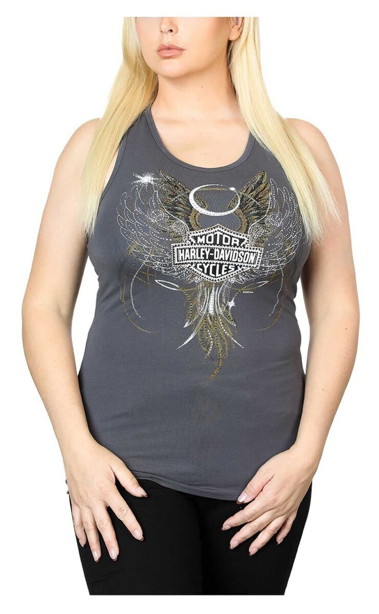 NEW HARLEY DAVIDSON HT4652GRY XS Women's Embellished Winged Round Neck Tank Top