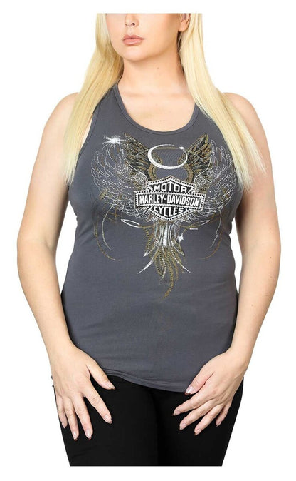 NEW HARLEY DAVIDSON HT4652GRY XS Women's Embellished Winged Round Neck Tank Top