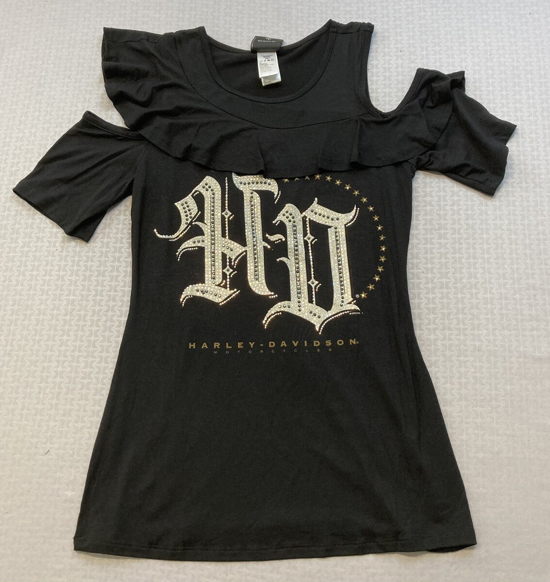 NEW HARLEY DAVIDSON HT4649BLK XS WOMENS COLD SHOULDER SCOOP NECK TEE RHINESTONES